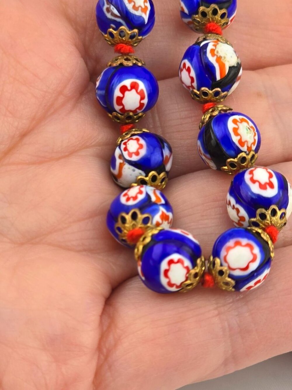 Vintage Cobalt Blue Millefiori Glass Bead Necklace 22" Hand Knotted Floral - Picture 5 of 7